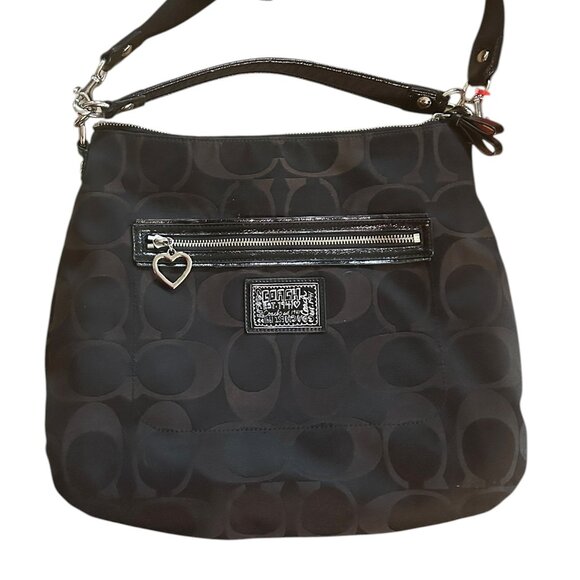 Coach Poppy Signature Convertible Hobo Bag Black Patent Trim Silver Hardware - Picture 1 of 9